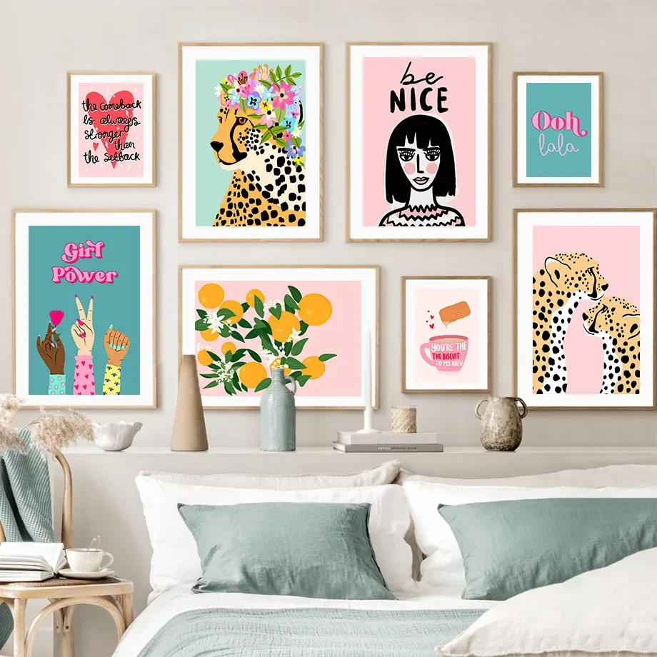 Floral Crown Cheetah Wall Art Print Girl Power Be Nice Face Quotes Canvas Painting Nordic Poster Wall Pictures Living Room Decor