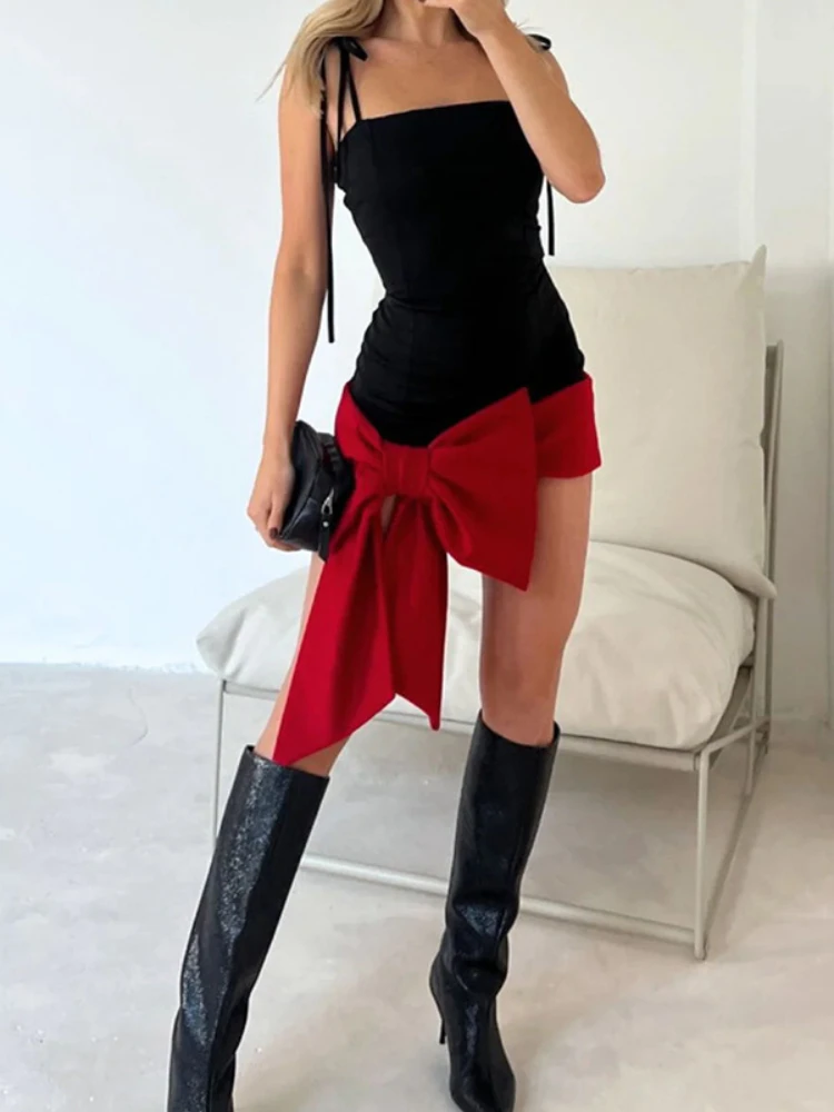 

Sexy Red Suspender Slim Bow Party Short Skirt Women's Tie Stitching Suspenders Summer New Valentine's Day Bandeau Cinched Waist