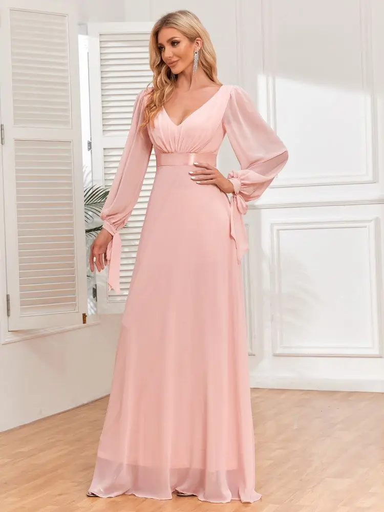 BKQU elegante vestido de gasa rosa con encaje vestido de fiesta de manga larga con cuello en V patchwork vestido de noche con cintura elástica