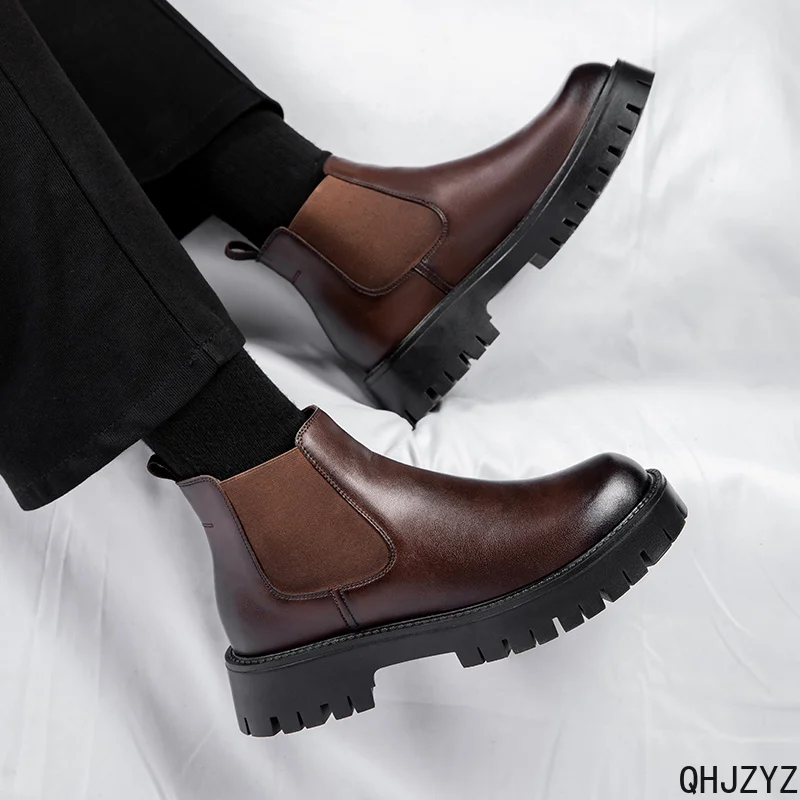 Korean Business Retro Simple Leather Boots Short BootsBritish Trendy Men's Casual High Top Leather Shoes