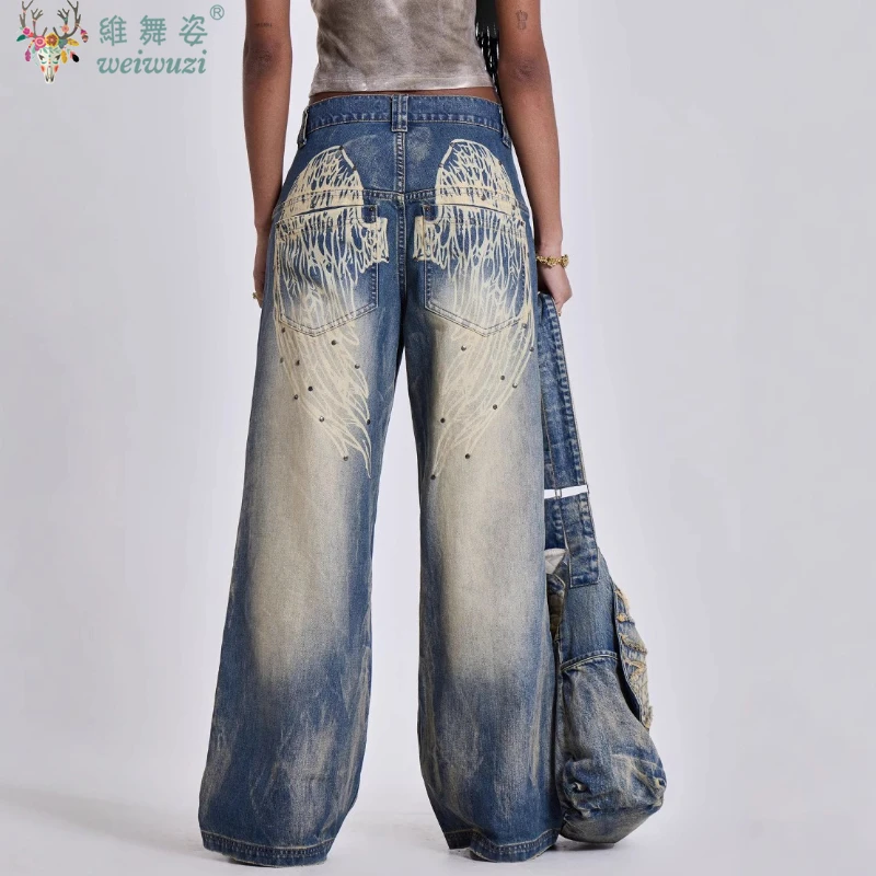 

Женские джинсы Harajuku, винтажные свободные широкие джинсовые брюки с выцветшим принтом крыльев, осенние новые американские классические брюки с высокой талией