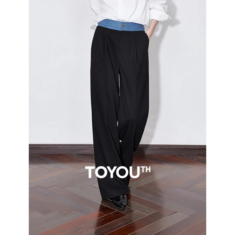 TOYOUTH Women Casual Pants 2025 Spring New Denim Patchwork Fashionable Commuting Style Wide Leg Woolen Trousers Pants Black