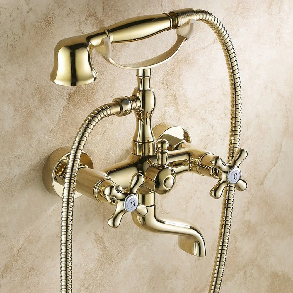 Luxury Gold Color Brass Wall Mount Bathtub Faucet Dual Handles Swivel Spout Mixer Tap with Hand Sprayer Ntf081