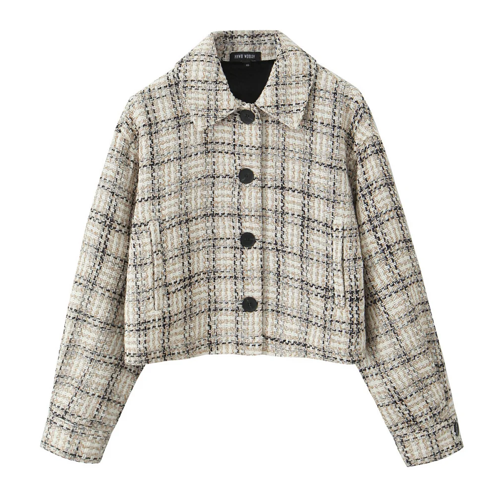 

UNIZERA women's loose fitting top with collar long sleeves pocket buttons checkered texture autumn and winter new style tem