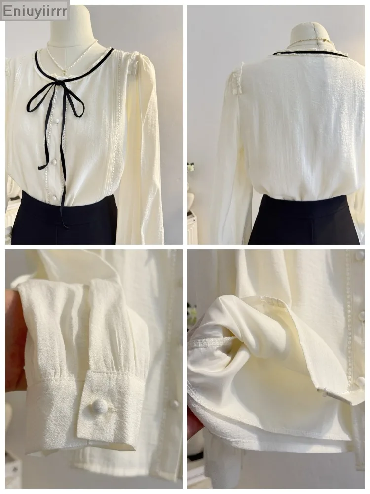 Volant da donna Carino Papillon Top Stile Preppy Vintage Coreano giapponese Design Bottone Elegante volant formale Camicie bianche Camicette