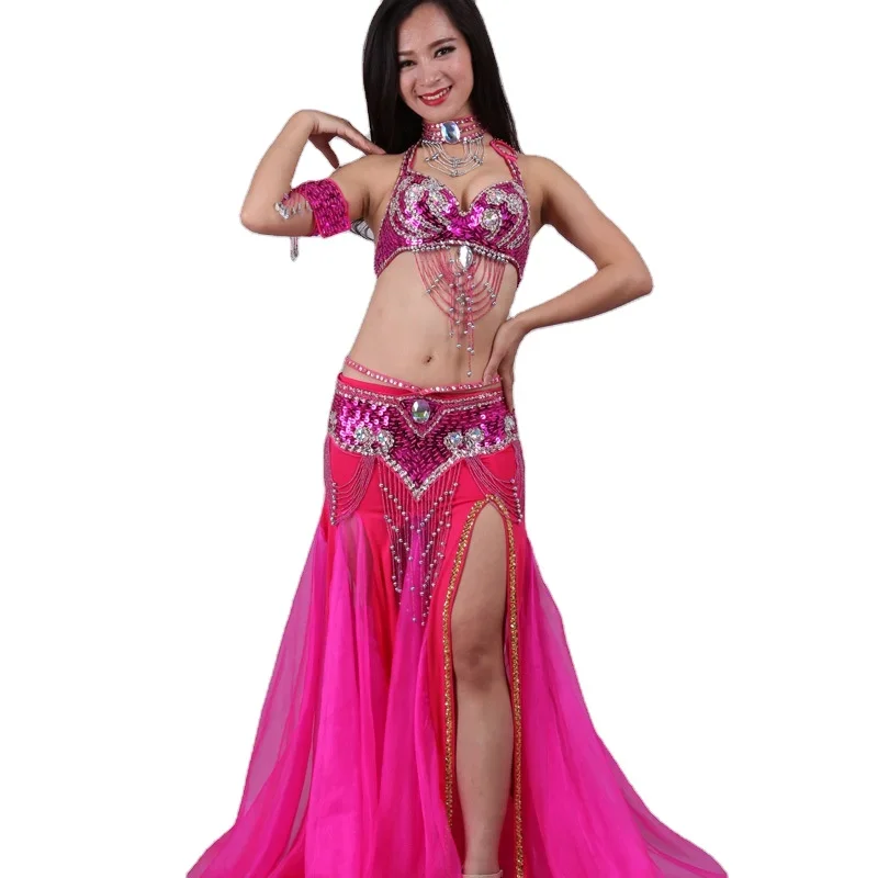 Outfit Bra and Belt Chiffon Professional team practice wear sexy indian Belly Dancing Skirts Dance Costume Set for Women