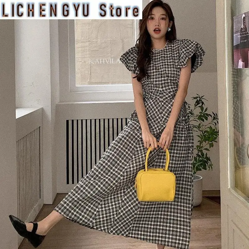 

New Lace Up Hollow Out Waist Dresses Puff Sleeve Plaid Dress Women Summer Vestidos Korean Elegant O Neck Robe Femme