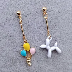 Cute Cartoon Enamel Asymmetric Balloon Dog Pendant Earrings VIP Dog Animal Earrings Sweet Girl Daily Jewelry Ladies Girl Gift