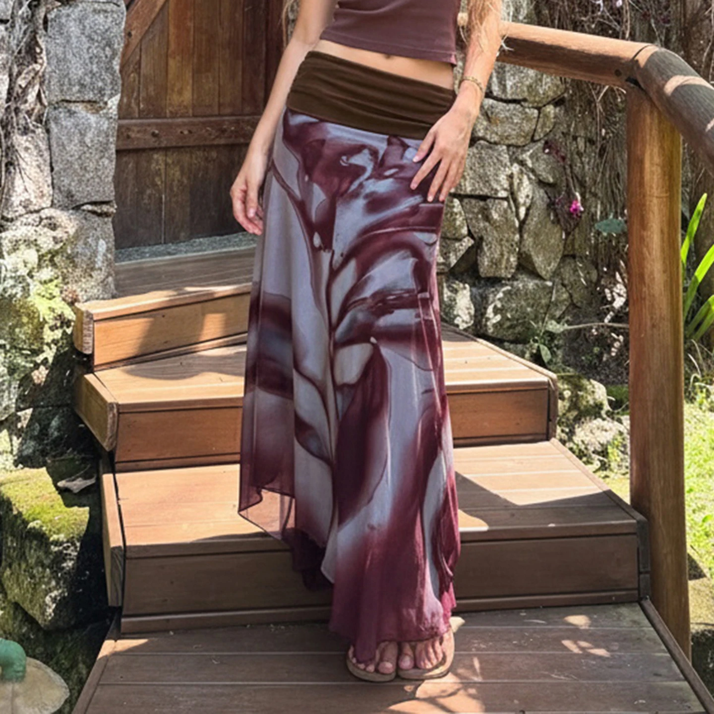 

IAMSURE-Винтажные длинные юбки с цветочным принтом и контрастным цветом по талии, женские элегантные свободные сетчатые юбки с асимметричным подолом, двухслойные