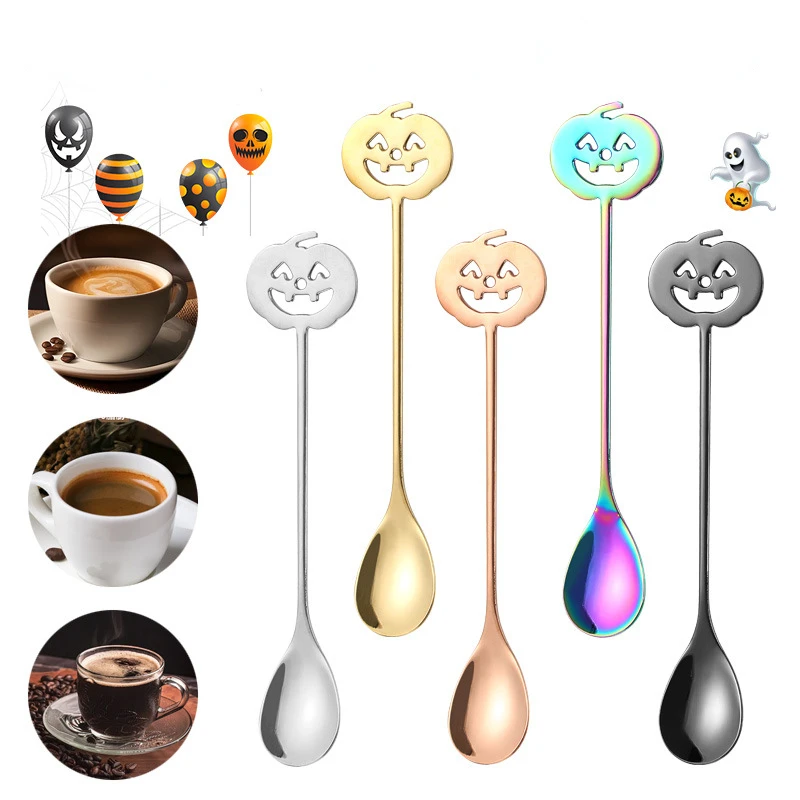 New 5pcs Stainless Steel Pumpkin Head Coffee Spoon Dessert Tea Sugar Scoop for Home Kitchen Coffee Shop Halloween Party Spoons