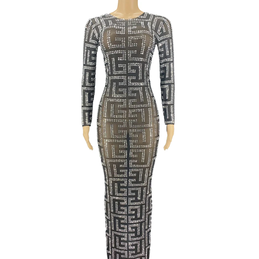 

Luxury Sparkly Rhinestone Geometric Print Maxi Dress Women See Through Mesh Bodycon Evening Gown Party Birthday Prom Heimigong