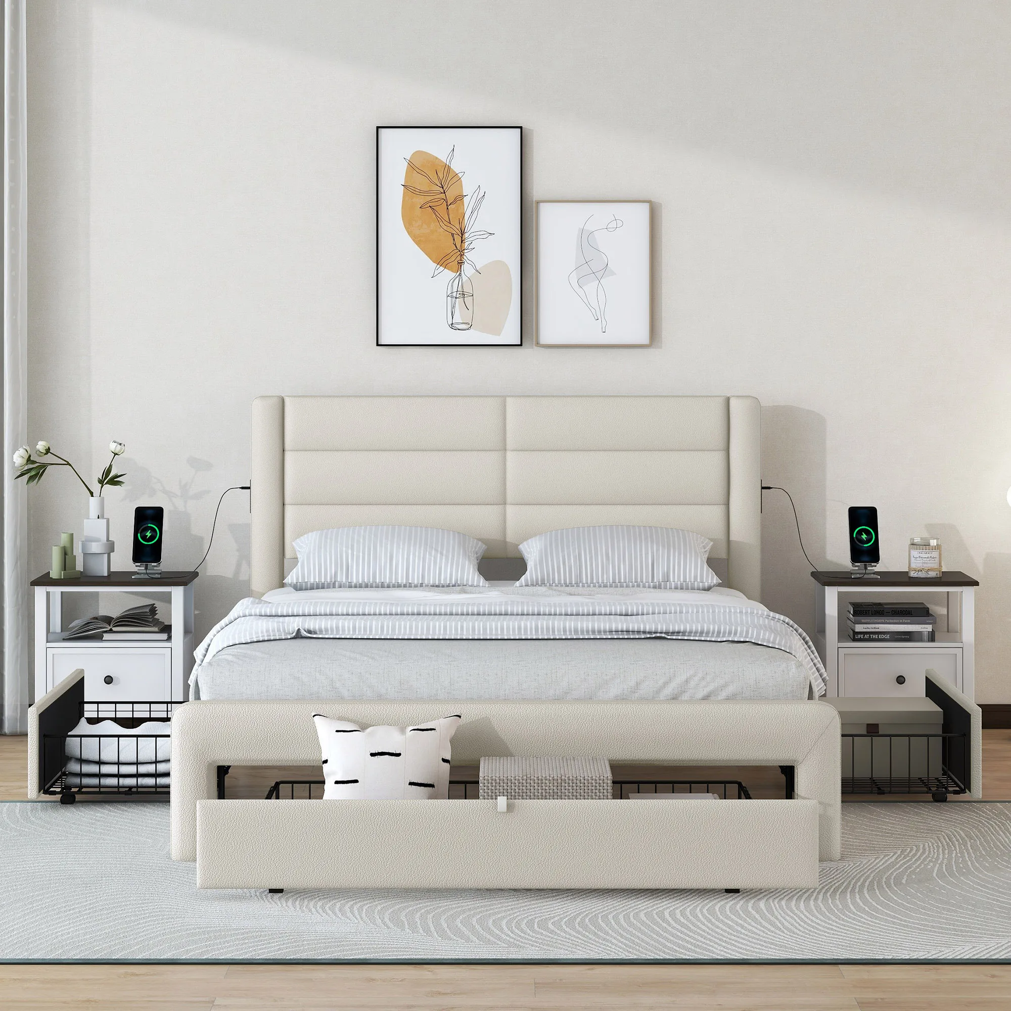 Queen Size Bed Frame with Drawers Storage, Leather Upholstered Platform Bed with Charging Station