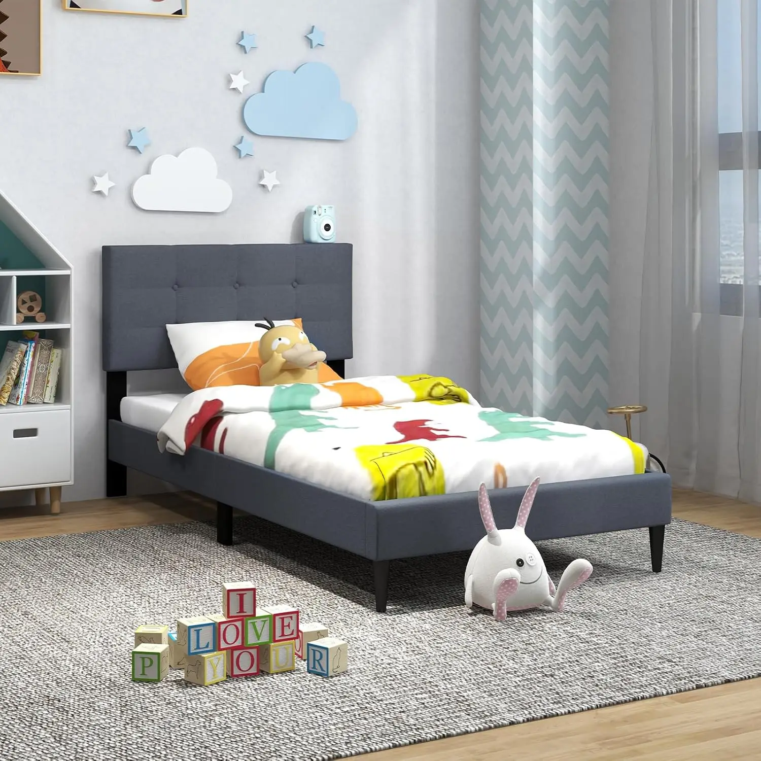 

Twin Bed Frames for Kids Modern Fabric Linen Upholstered Platform Bed Frame with Button Tufted Headboard and Wooden Slats No