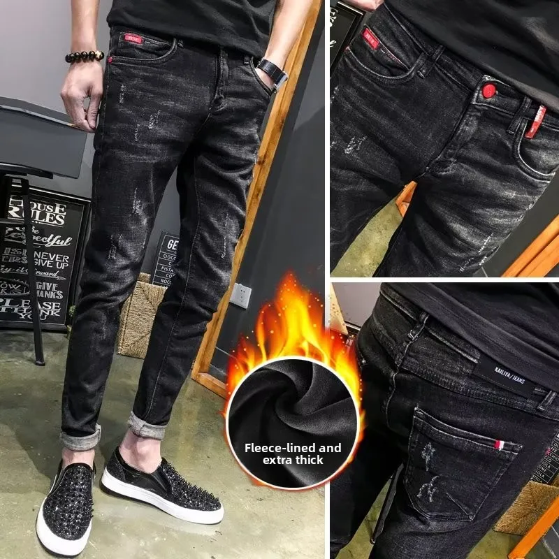 

Retro Fce Lined Skinny Jeans Men's Autumn Winter Faion Brand Elastic Long Trousers Korean Sle Trendy Men's Jeans