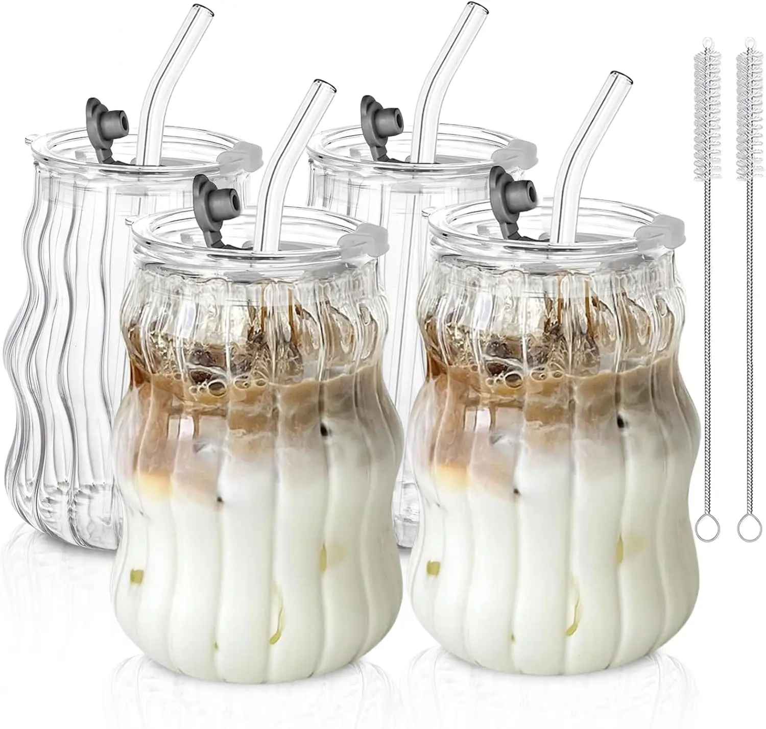 

4PCS Ribbed Glass Cups with Lids & Straws – 18oz Vintage Wavy Coffee Cups, Bubble Glass Aesthetic for