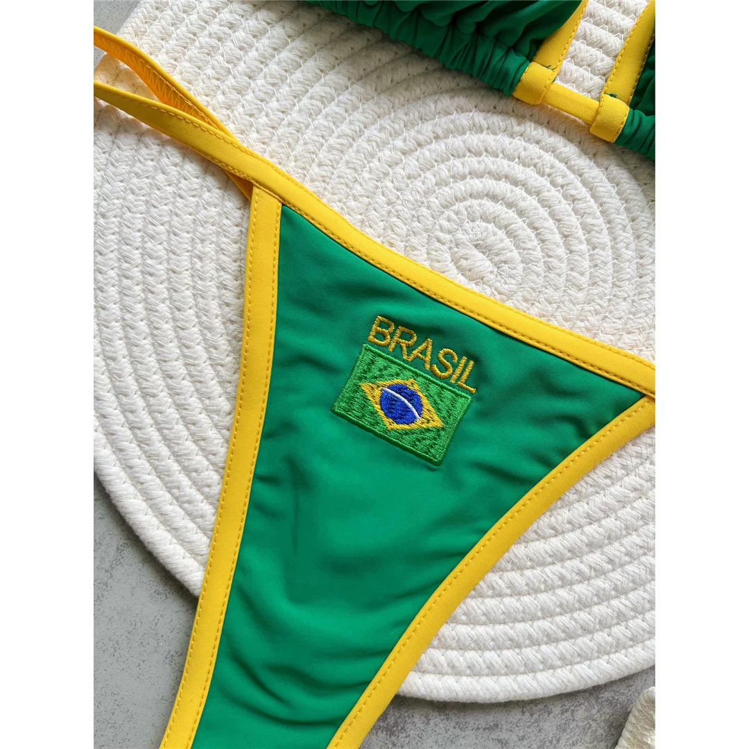 G-String Tanga Brasilianischer Bikini Damen-Badeanzug Zweiteiliger Bikini-Set Bather Brasilien-Flagge Badeanzug V6092 – Detail 18