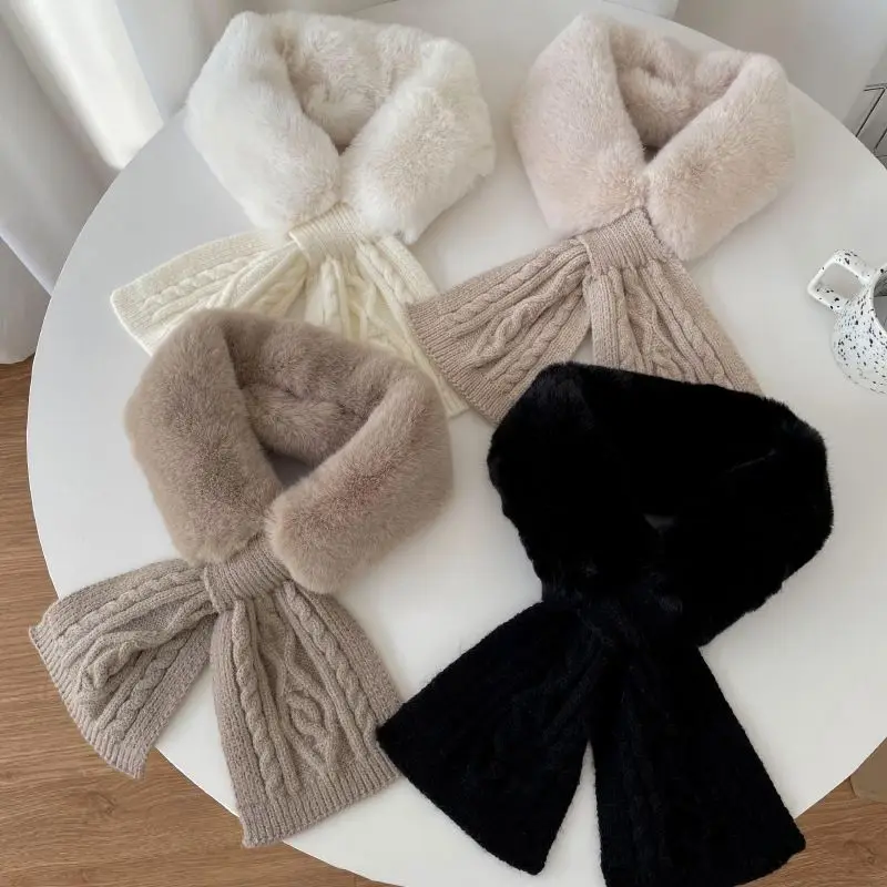 Women's 2026 Autumn Winter Knit Scarf Faux Fur Cross Neck Warmer Solid Thick Warm Elegant Chic Coquette Trendy