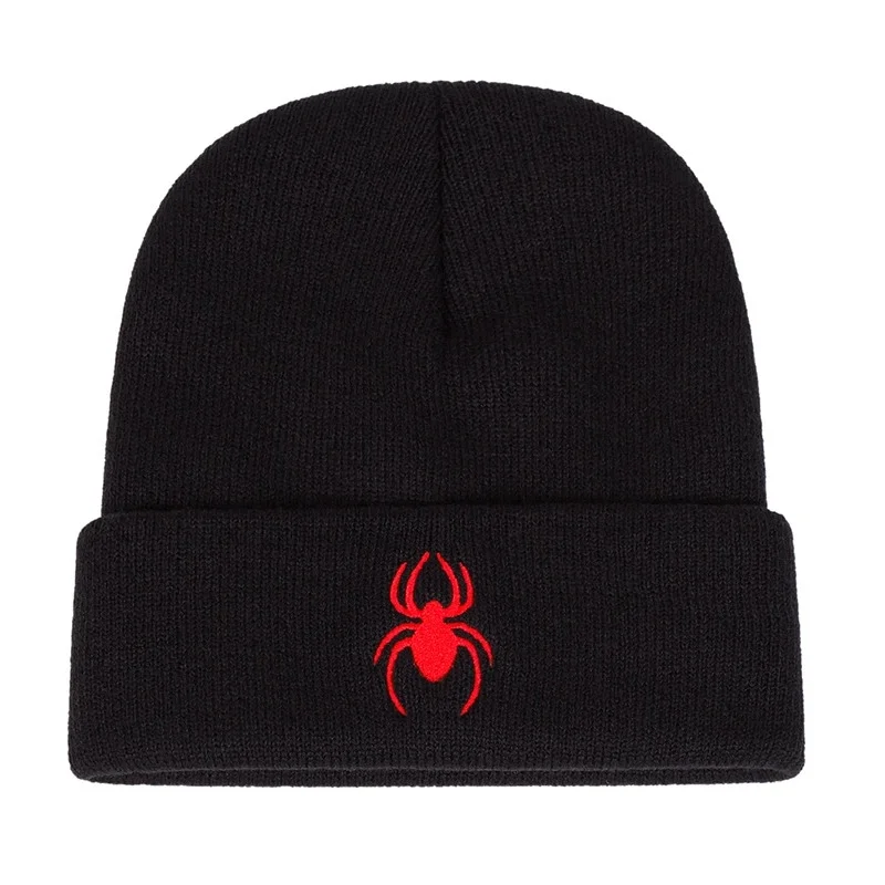 Spider Embroidery Knit Beanie Hat, Soft Warm Cuffed Winter Skull Cap, Casual Daily Headwear for Men Women