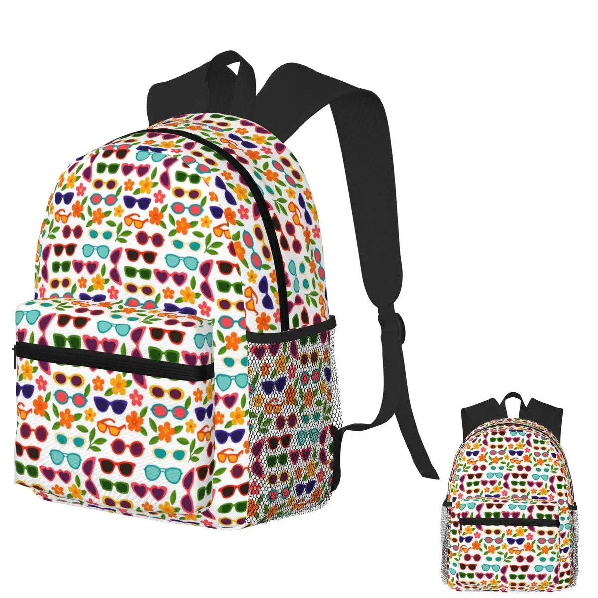 

Retro Sunglasses With Flowers Student Backpack School Bag Hiking Travel Daypack for Men Women Fashion Bookbag Shoulder Bags