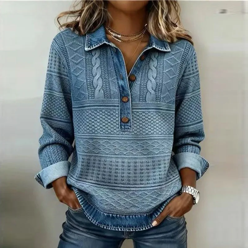 Spring Retro Contrast Color Woman Sweatshirt Elegant Turn-down Collar Button Tops Pullover Autumn Long Sleeve Loose Hoodie Mujer
