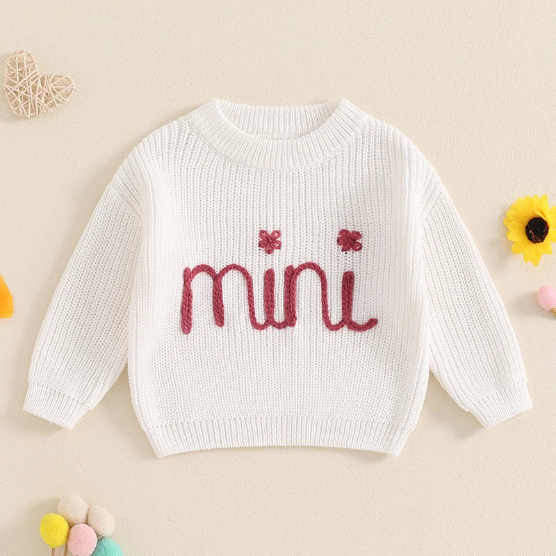 Suefunskry Family Matching Sweaters 1PC Mommy and Me Letter Embroidery Knitwear Long Sleeve Round Neck Warm Pullover Tops