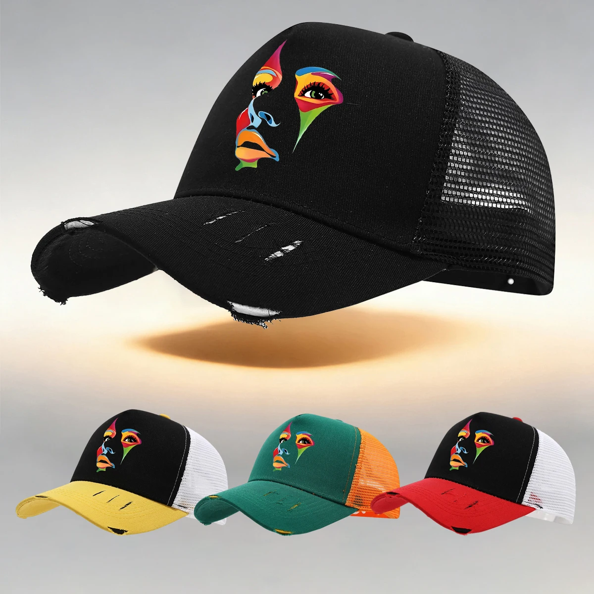 Unisex Adjustable Tear Style Baseball Cap With Portrait Graffiti Pattern Print Design, Breathable Mesh, Suitable For Outdoor