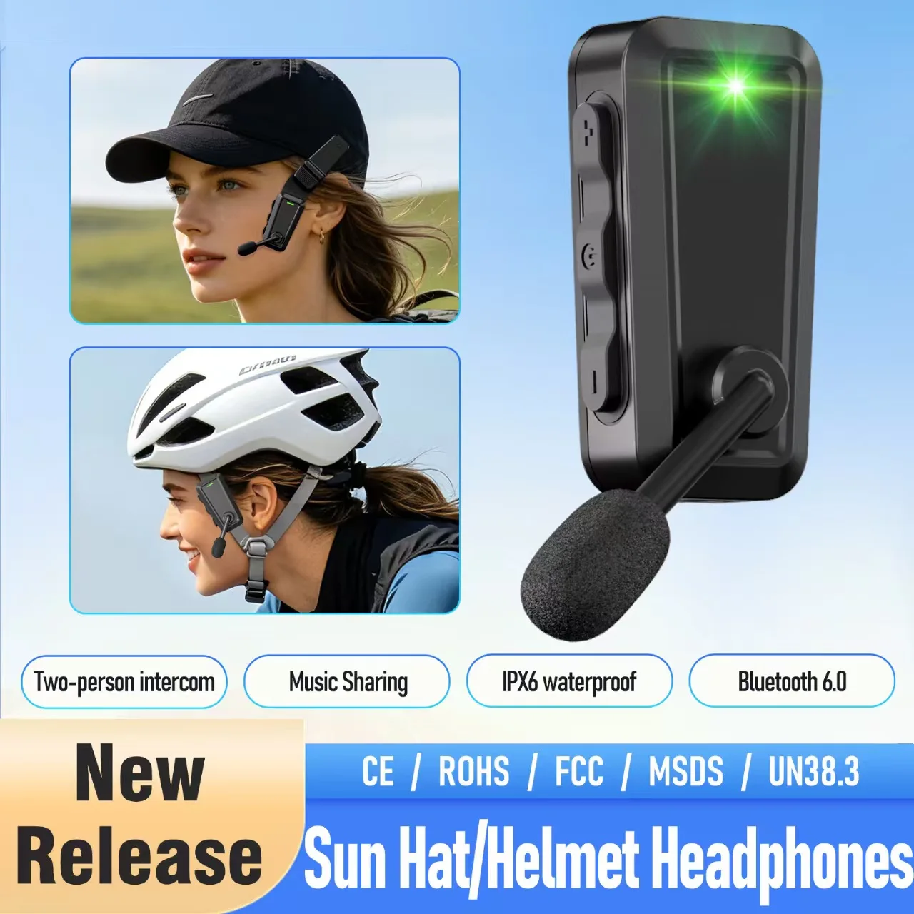 New Motorcycle Summer Helmet Headset Bluetooth 6.0 Dual Ear Stereo Hands-Free Call Waterproof Earphone for Bicycle Riding