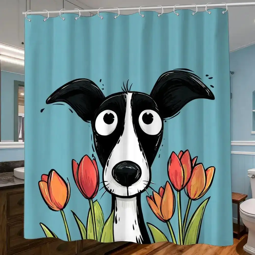 Whimsical Dog & Tulips Shower Curtain – Cartoon Whippet with Orange Tulips on Blue Background, 12 Hooks,  Waterproof Bath Decor