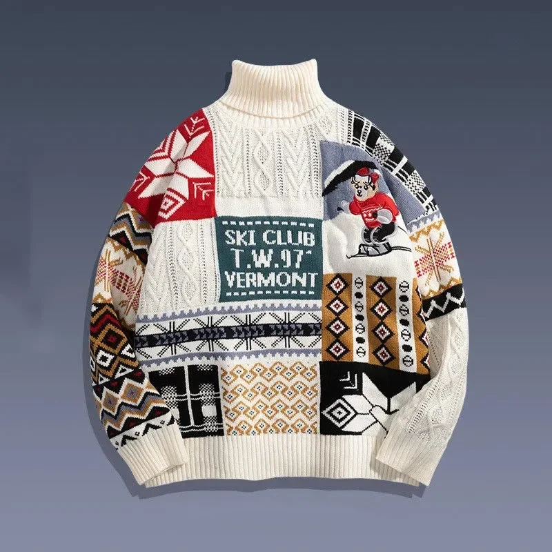 Cute Bear Knitting Sweater Oversize Men High Street Winter Turtleneck Pullover Loose Harajuku Couple Sweaters Velvet Jumpers