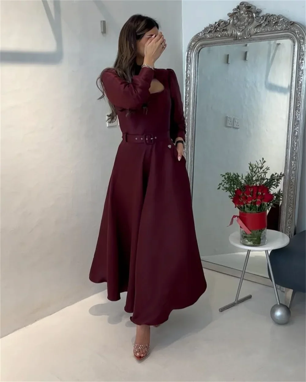 Vestido de noite personalizado, vestido formal de baile, gola alta, linha a, comprimento do tornozelo, saias, fita, vestidos de ocasião sob medida, ar saudita