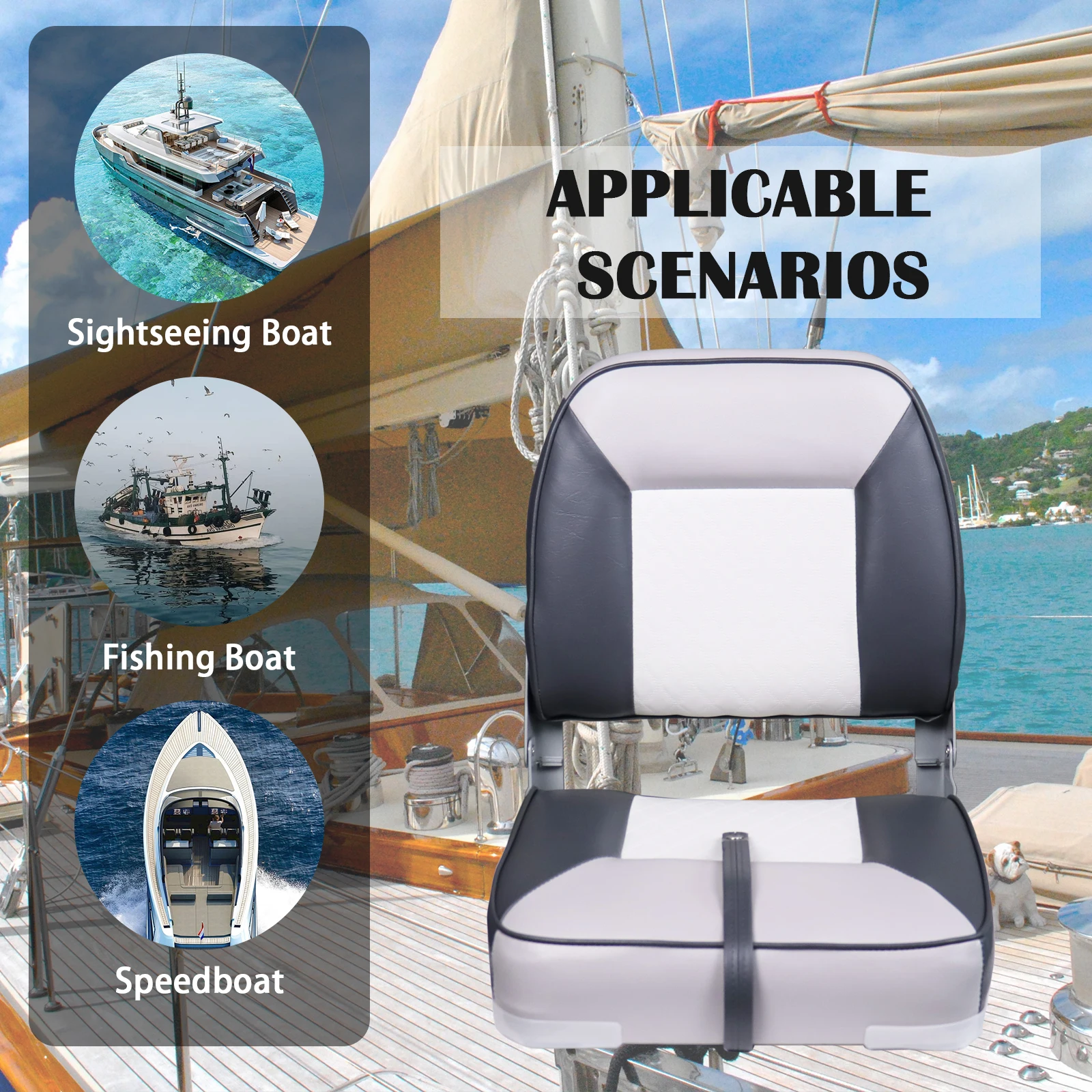 Low-back Marine Folding Fishing Boat Seat, Waterproof, Multiple Colors, Universal Boat Seat, Includes 4 Screws. Suitable for Floating Fish-finding Tour Boats, Speedboats, Canoes. Marine Accessories