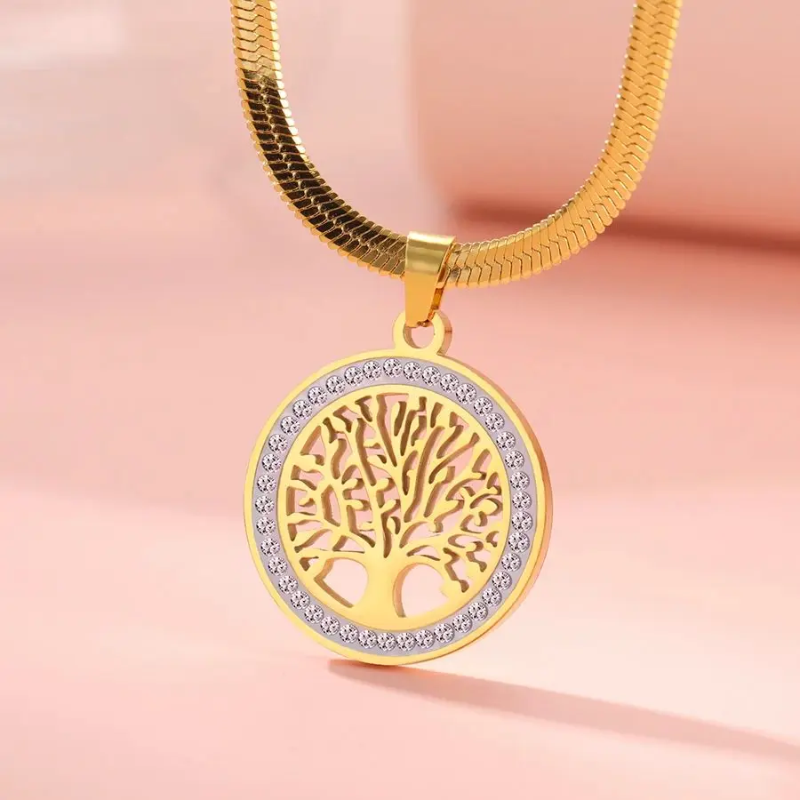 LIKGREAT Tree of Life Stainless Steel Necklace for Women New Fashion Clear Zircon Round Pendant Necklaces Jewelry Wedding Gift