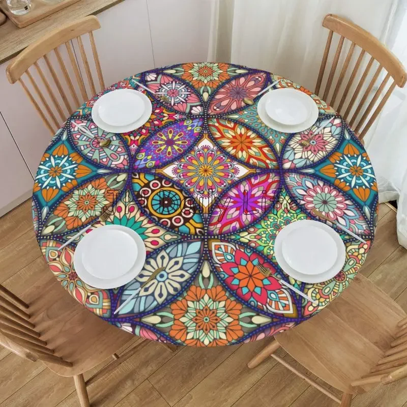 Bohemian Mandala Print Round Fitted Tablecloth with Elastic Edged Waterproof Table Cover for Dining Tables Outside Picnic Garden