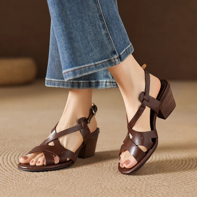 

Women's new summer leather cowhide round toe thick heel high-heeled open toe breathable fish mouth shoes fashionable sandals