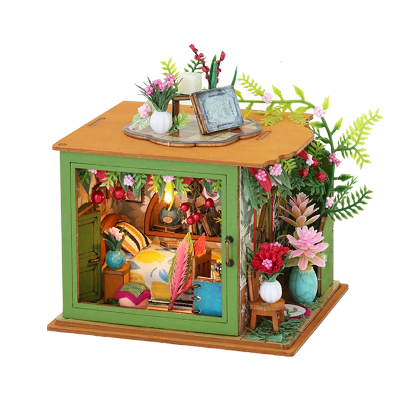 

DIY Wooden Field Flower House Casa Miniature Building Kits Bookend With Lights Assembled Bookshelf Home Decoration Friends Gifts