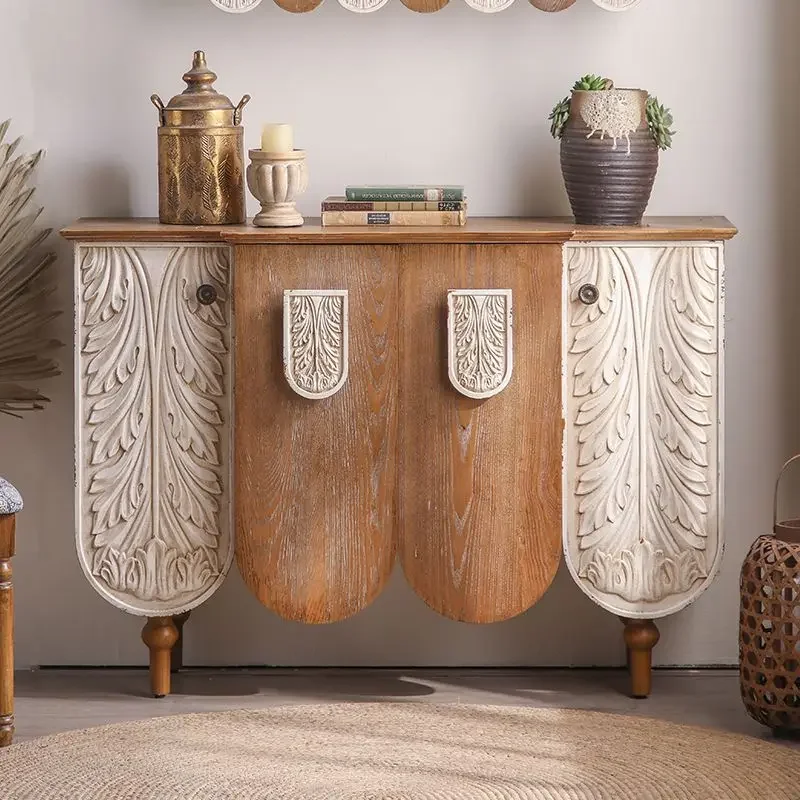 

American side cabinet retro creative engraved porch cabinet homestay living room entrance foyer relief solid wood decorative