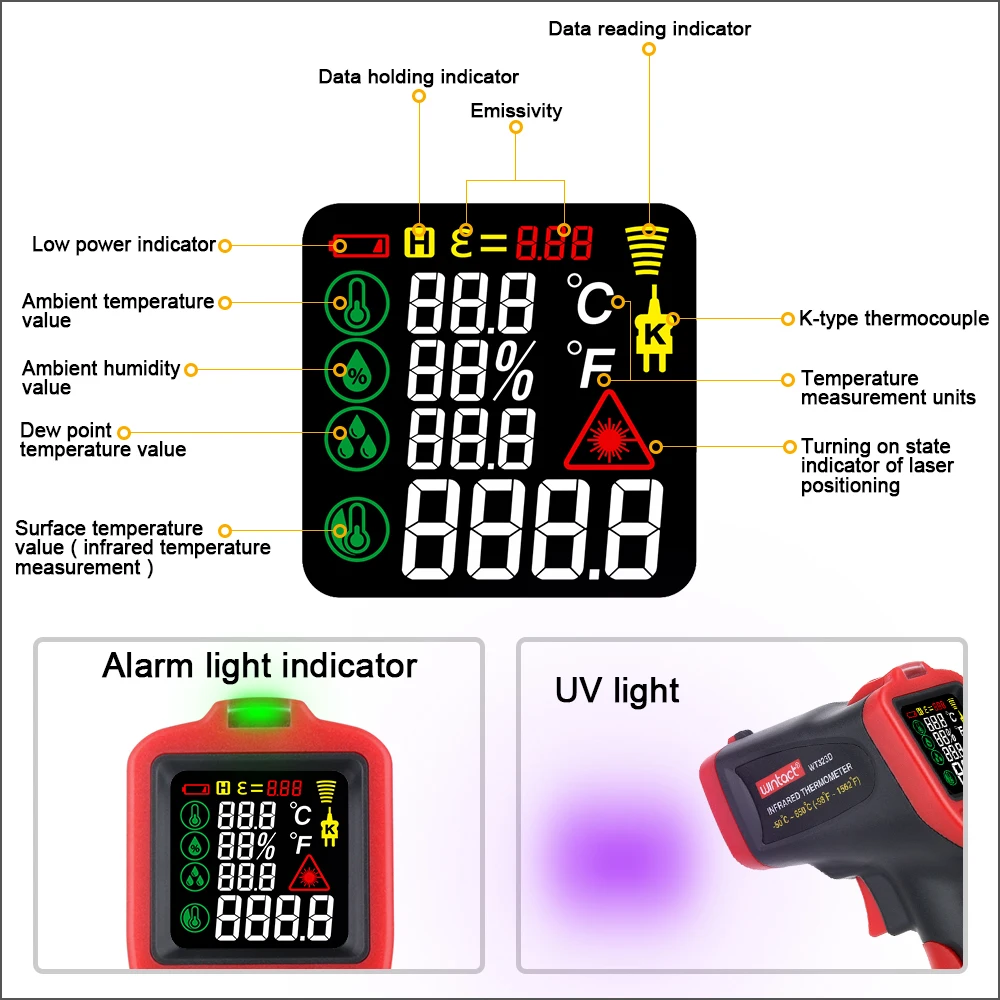 RZ Infrared Thermometer Non-contact Digital Infrared Thermometer Laser Temperature Meter Pyrometer Hygrometer Colorful LCD Alarm