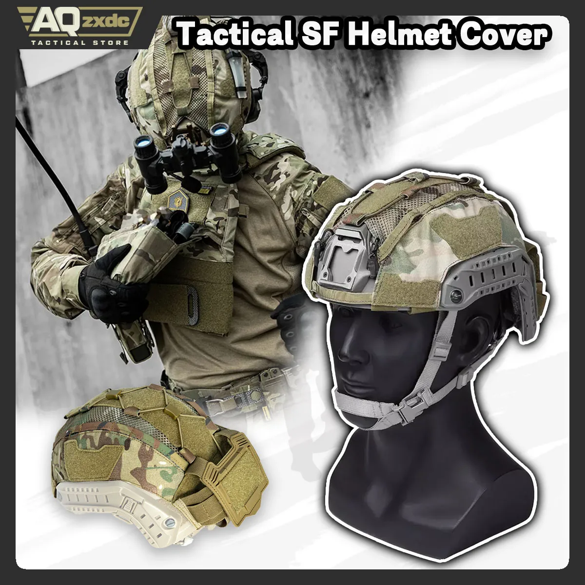 AQzxdc Tactical Ultra-High Cut Gen2 SF Helmet Cover Camo Helmet Cloth W/ Pouch with NVG Battery Pouch Hunting Hybrid Mesh Cover