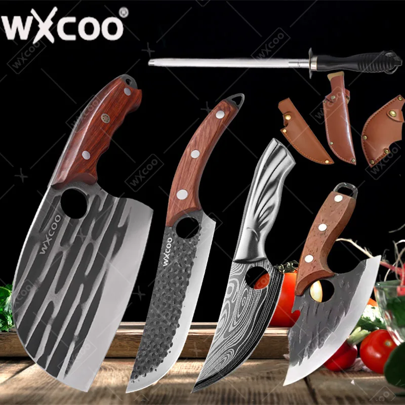 Hand-Forged Butcher Knife Kitchen BBQ Meat Cutting Multifuctional Bottle Opener Knife Stainless Steel Kitchen Boning Knife