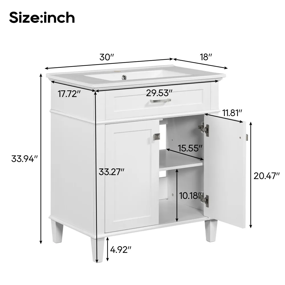 30-inch Bathroom Vanity with Ceramic Basin,  Soft Close Door and Adjustable Shelves Dressers for Bedroom  Bedroom Furniture