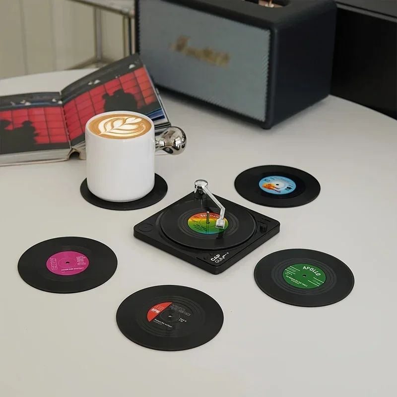 6Pcs Record Coaster with Player Storage Stand, Retro Vinyl Record Coaster, for Home Decoration, Non-Slip Insulated Coaster