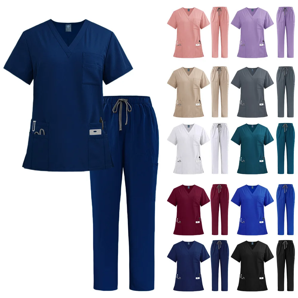 Plus Size Scrubs Set Women Medical Nurse Uniforms Stand Neck V-cut Scrub Top with Pants Vet Doctor Healthcare Workers Workwear