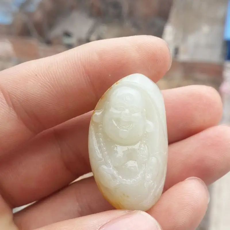 Natural Hetian Laughing Pendant, Green-White Jade Stone With Skin, Buddha Figurine Hanging Ornament
