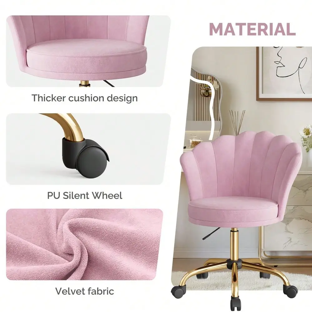 Modern Velvet Vanity Chair With Gold Base, Swivel Office Chair With Lumbar Pillow, Adjustable Rolling Task Chair For Condo, Bed
