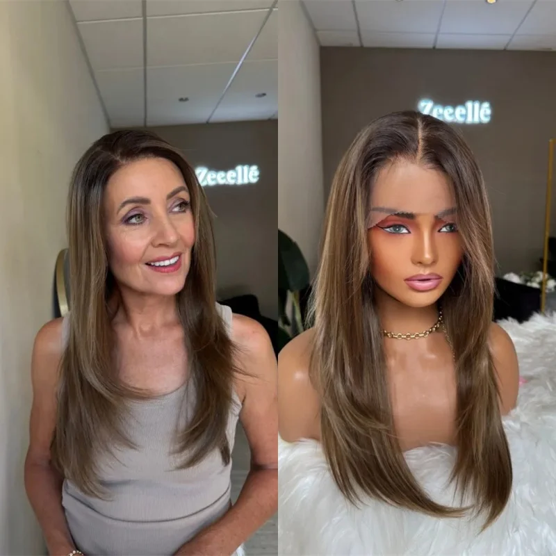 Layered Straight Hair Wig Ombre Blonde Brown Highlights Synthetic Heat Friendly HD Lace Front Wig Invisible Transparent Lace