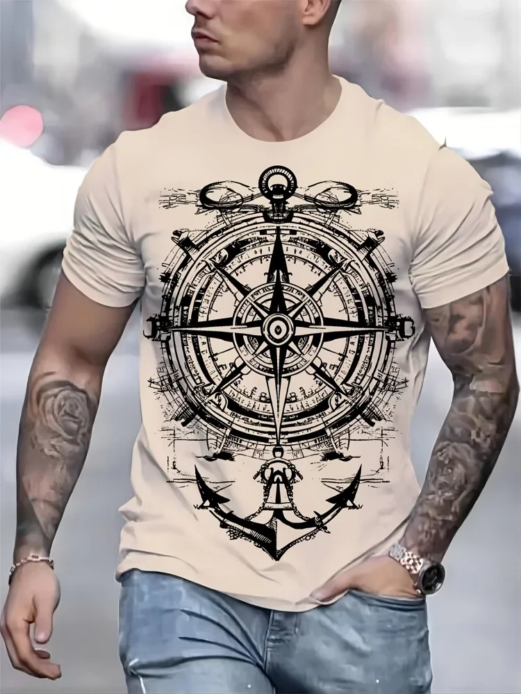 Trendy Men's Vintage Compass Pattern Printed T-Shirt Summer Casual Short Sleeve Tops Cool Street Style Man Clothes Daily Wear