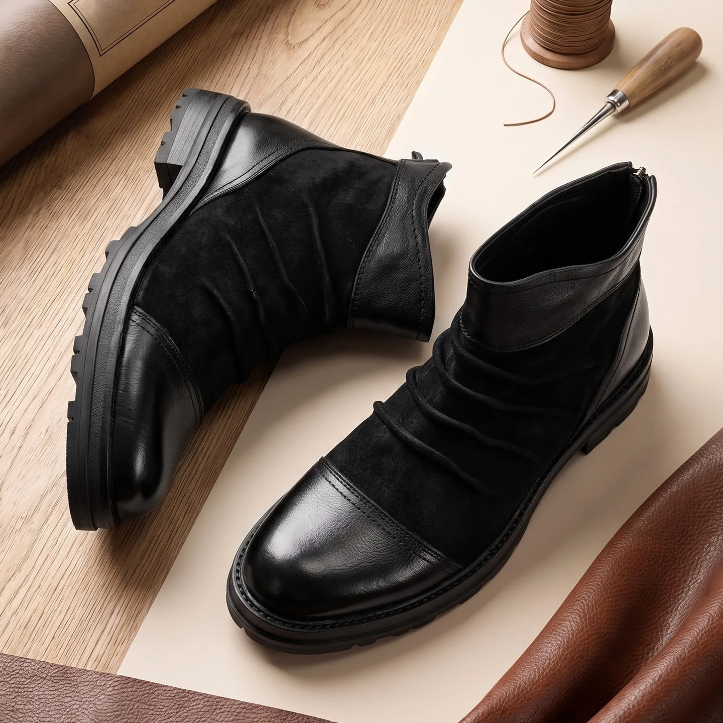 Chelsea Men Ankle Boots Autumn Winter High-Top Boots  All-match Cowhide High Quality Genuine Leather British Retro Shoes