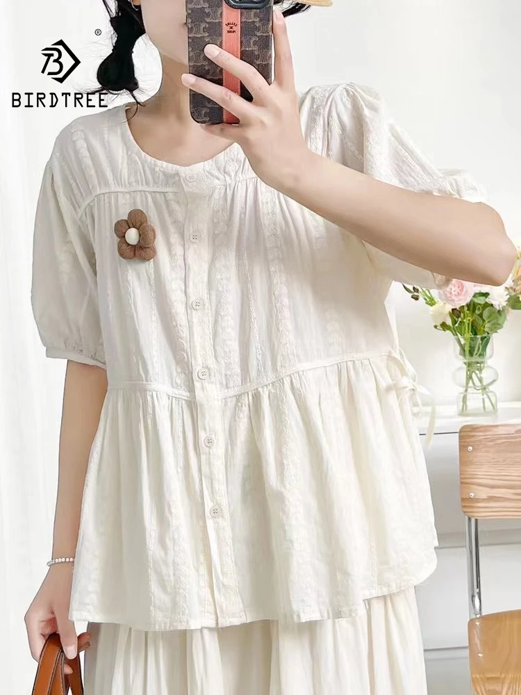

New 2025 Summer Cotton Short Sleeve Shirt, Women O Neck Embroidery, Mori Girl French Commute Age Reduction Loose Blouse T57321CC