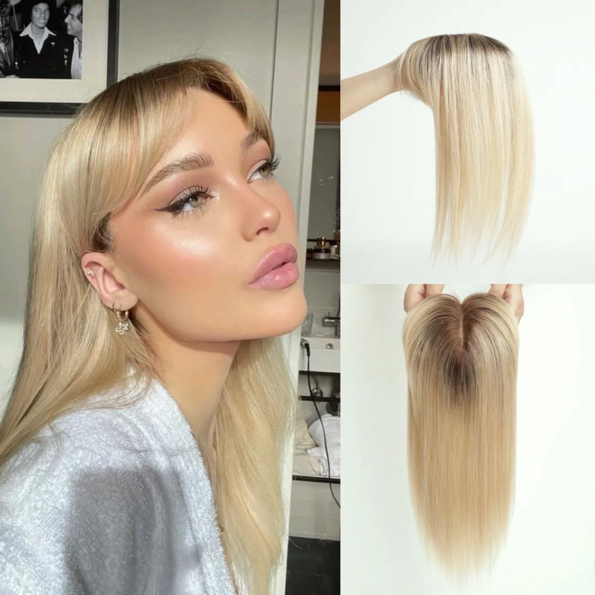 InjBase réinitialisation In Topper avec Frange pour Femme, 100% Cheveux Humains Remy, Ombre Blonde, Cheveux Amincissants, 14"