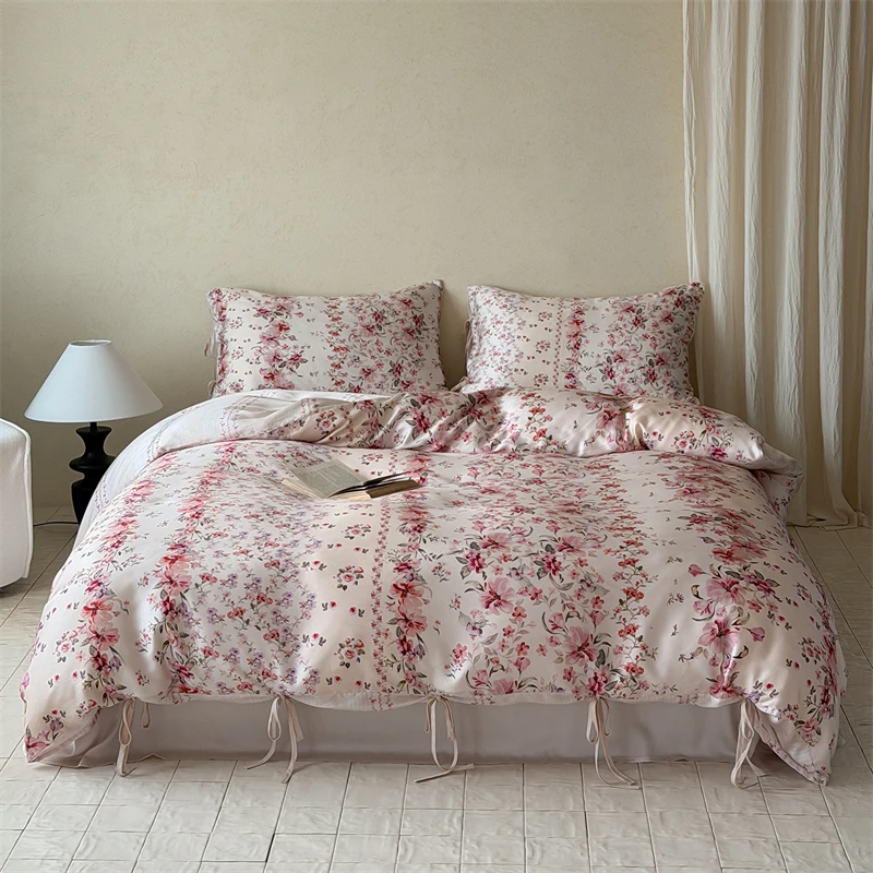 

Vintage French Floral Lyocell Bedding Set with Bow Ties, Silky Soft Cooling Bed Linen Set, Pink Flower Print for Girls Bedroom